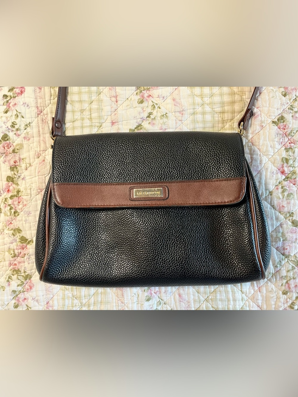 Vintage Liz Claiborne Two Tone Crossbody Bag Black Brown Pebbled Faux Leather